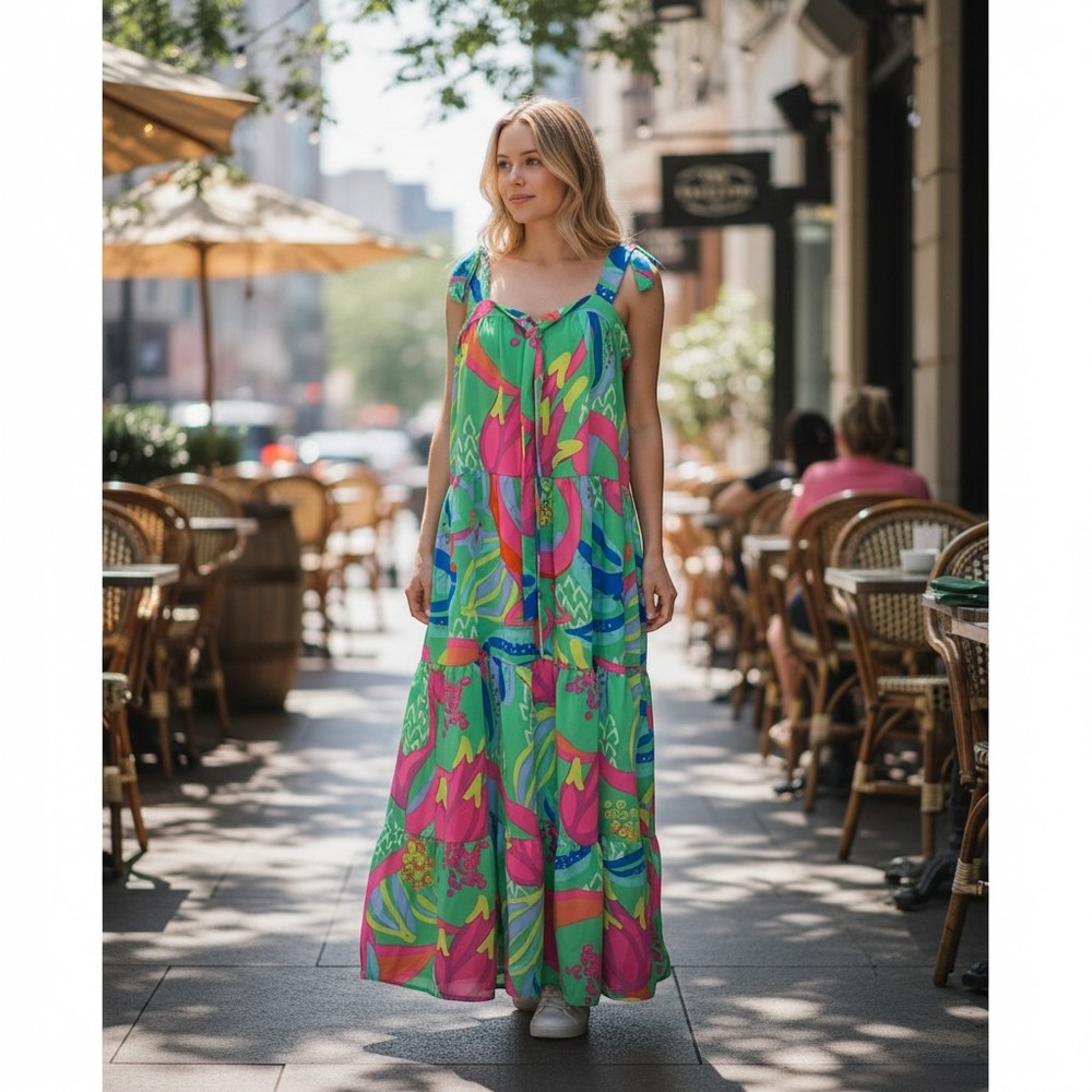 Michelle McDowell Maxi Dress Women Small Preppy Tropical Tiered Abstract Bright